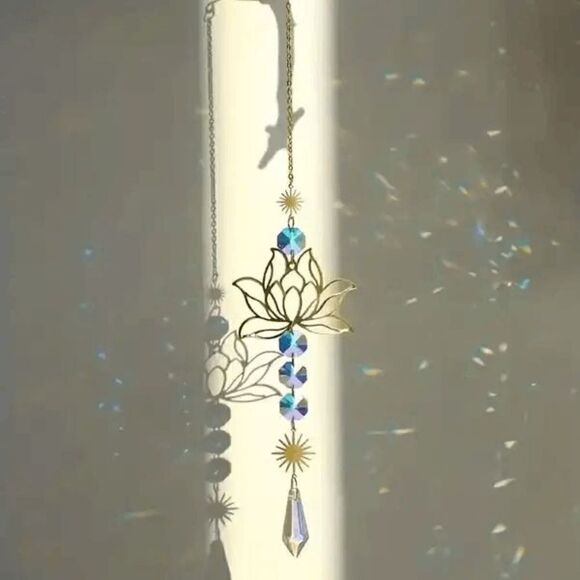 Golden Sun And Lotus Flower Crystal Hanging Sun Catcher - Picture 3 of 8
